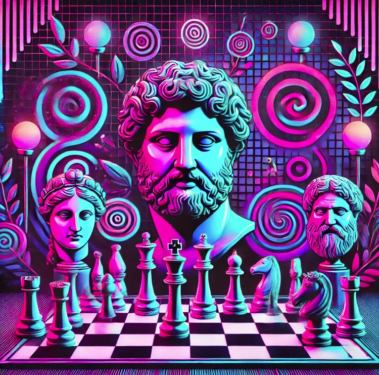 Stoic busts over a chessboard, rendered in Rad Stoic neon